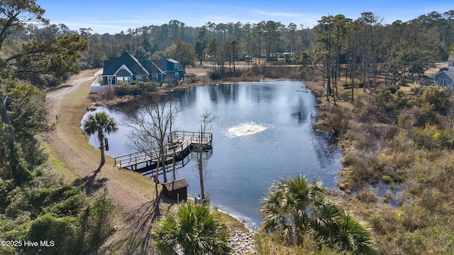 view of water feature with a forest view