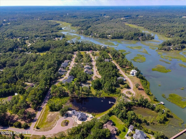 bird's eye view with a water view and a view of trees