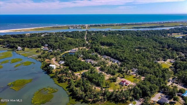 bird's eye view with a water view and a forest view