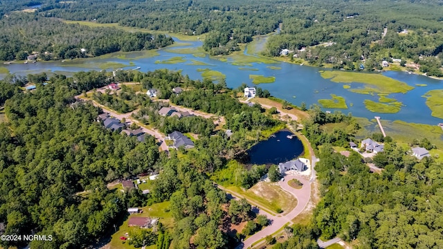 bird's eye view featuring a water view and a wooded view