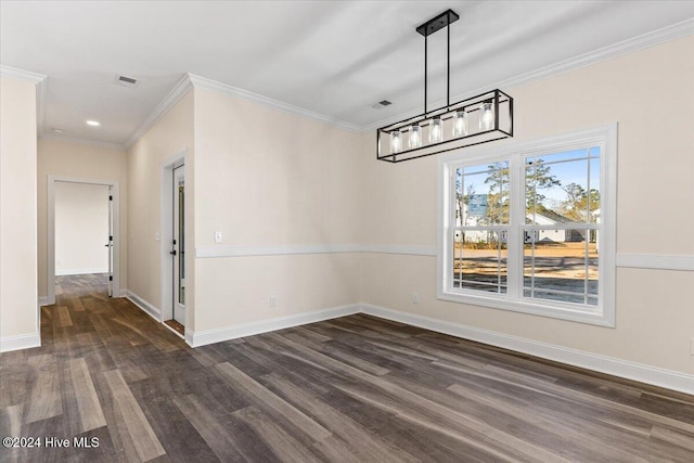 unfurnished dining area with dark wood-style floors, baseboards, visible vents, and ornamental molding