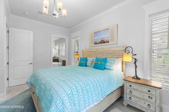 bedroom with ornamental molding, light hardwood / wood-style floors, ensuite bath, and a notable chandelier