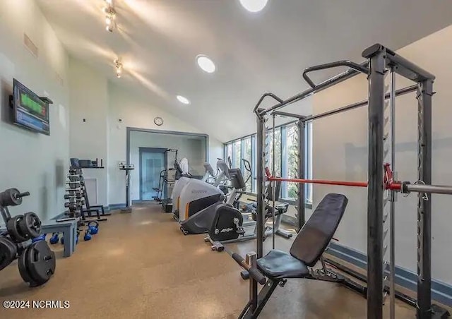 exercise room featuring lofted ceiling