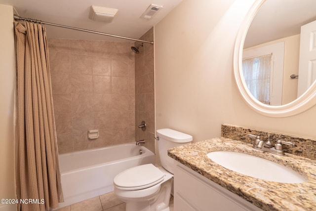 full bathroom with vanity, toilet, tile patterned flooring, and shower / bath combo with shower curtain