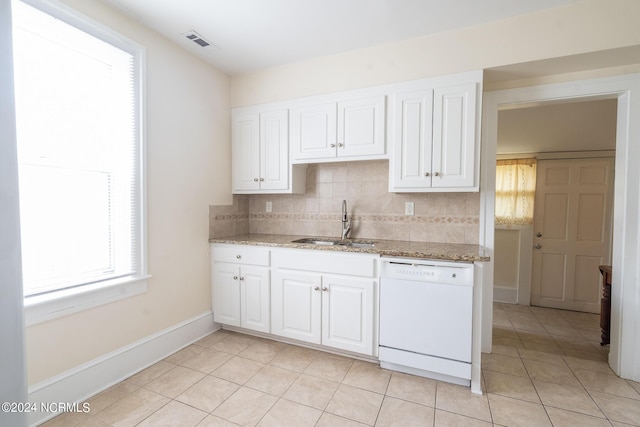 kitchen with white dishwasher, sink, white cabinetry, and tasteful backsplash