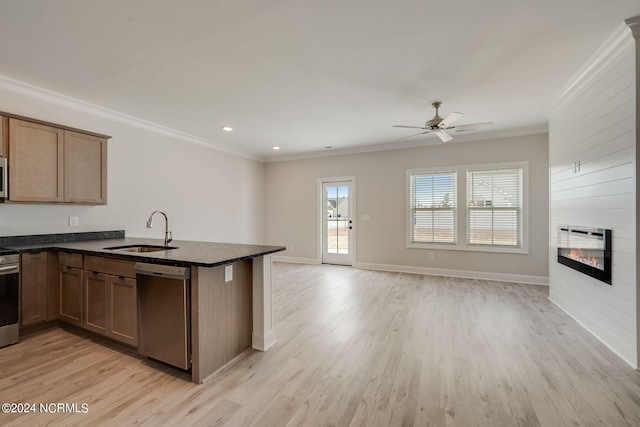 kitchen with sink, light wood-type flooring, ornamental molding, appliances with stainless steel finishes, and kitchen peninsula