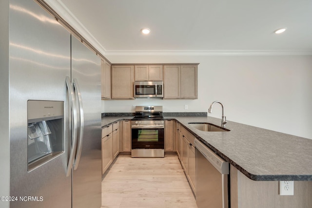 kitchen with sink, kitchen peninsula, crown molding, light hardwood / wood-style floors, and appliances with stainless steel finishes