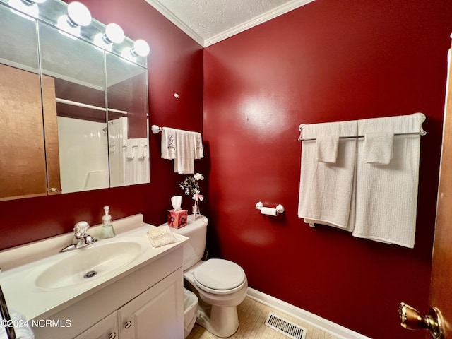 bathroom featuring a textured ceiling, toilet, vanity, visible vents, and ornamental molding