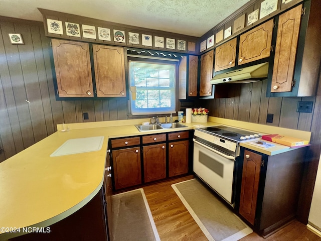 kitchen with white range with electric stovetop, light wood finished floors, light countertops, a sink, and under cabinet range hood