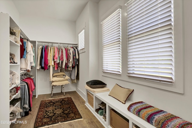 walk in closet with wood finished floors