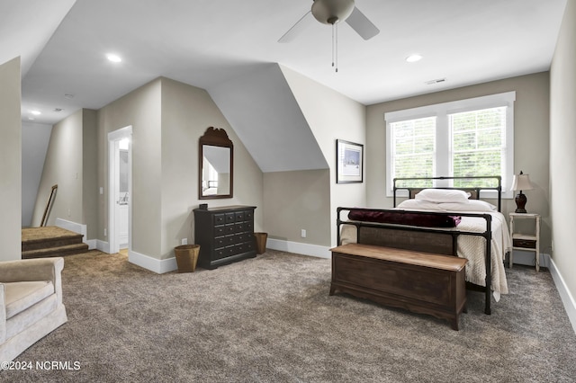 bedroom with visible vents, baseboards, a ceiling fan, carpet flooring, and recessed lighting