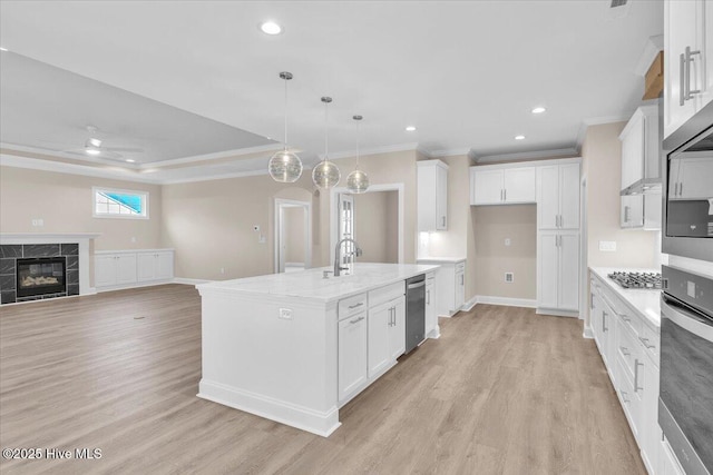 kitchen with a premium fireplace, stainless steel appliances, crown molding, light wood-type flooring, and white cabinetry