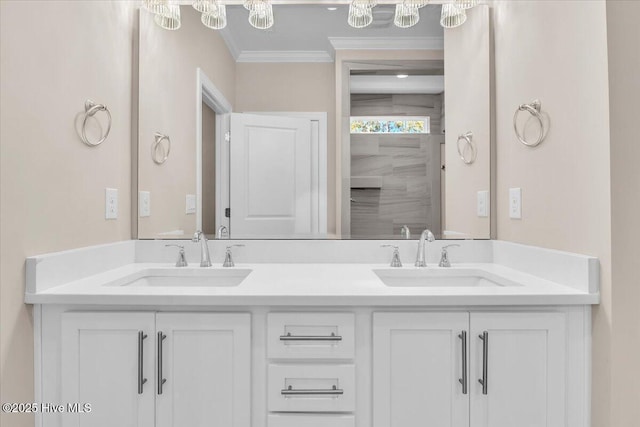 full bath featuring crown molding, a sink, and double vanity