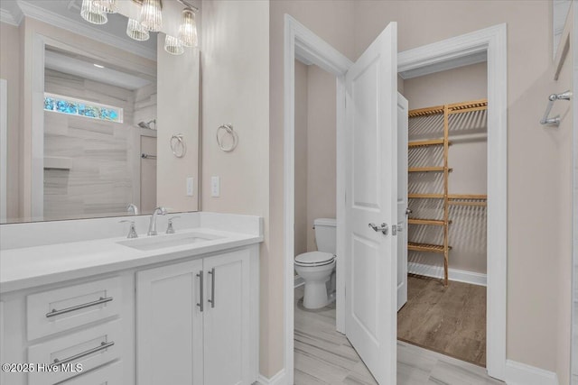 full bath featuring a spacious closet, vanity, toilet, and baseboards