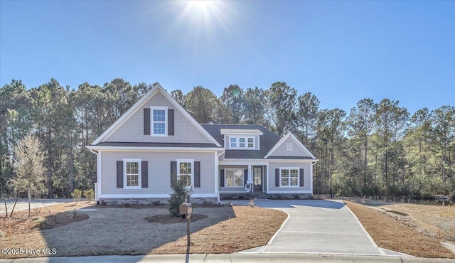 view of front facade with driveway and a wooded view