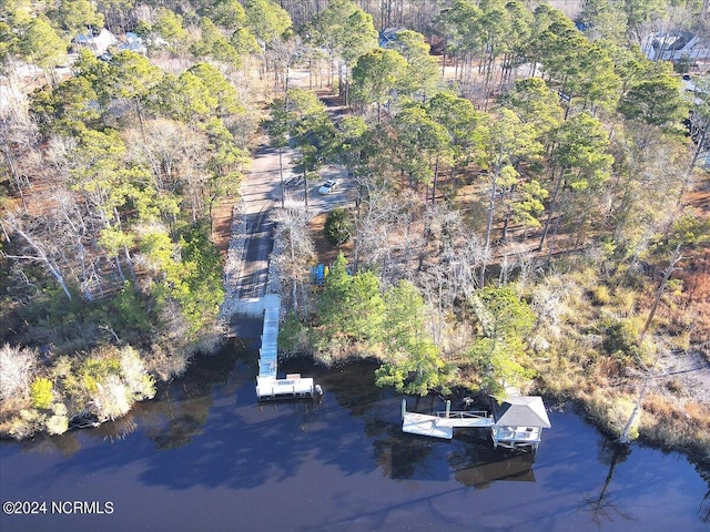 aerial view with a water view and a wooded view