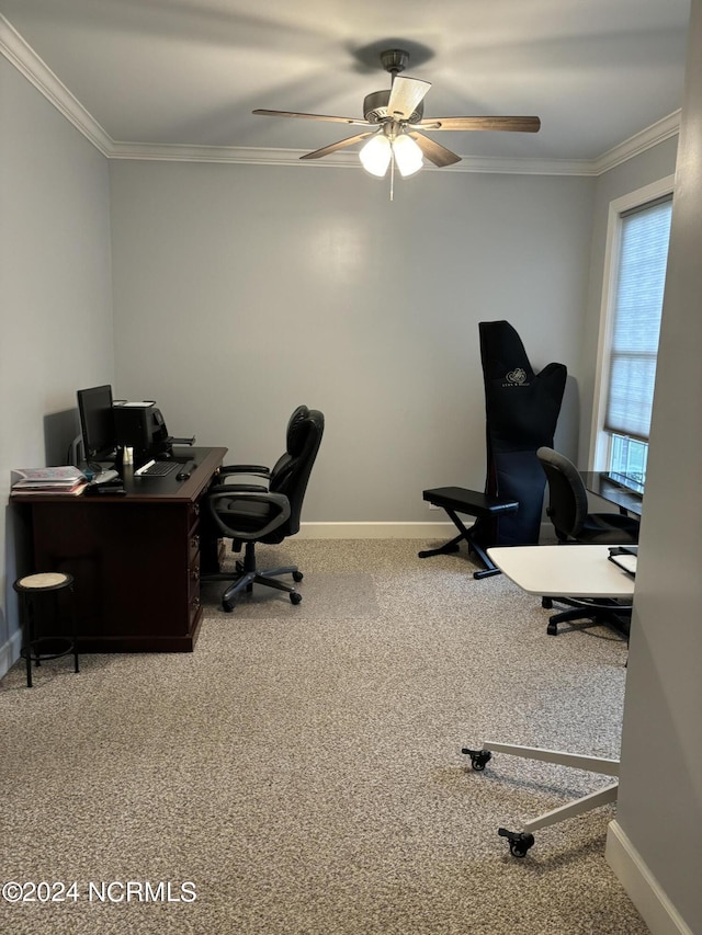 carpeted home office with crown molding, a ceiling fan, and baseboards