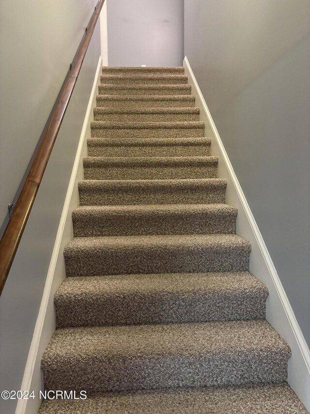 stairs featuring carpet flooring