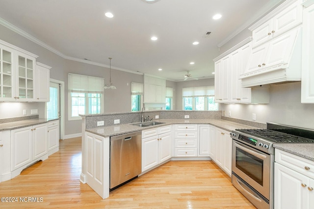 kitchen with ceiling fan, sink, white cabinets, and stainless steel appliances