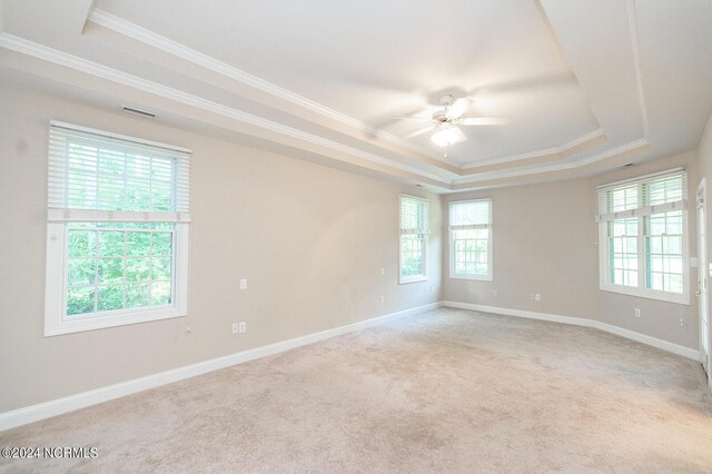 empty room featuring ceiling fan, a healthy amount of sunlight, a raised ceiling, and light colored carpet