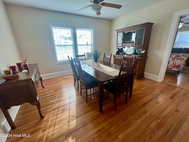 dining area with ceiling fan and light wood-type flooring