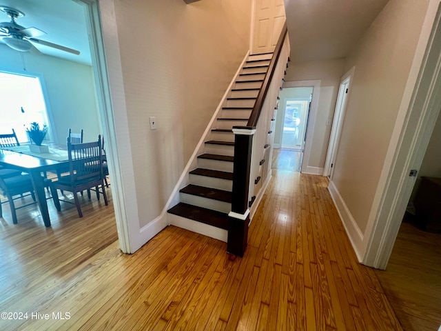 stairway with hardwood / wood-style flooring and ceiling fan