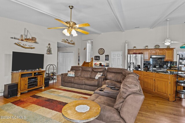 221 Lawrence Rd, Beaufort, NC 28516 - living area featuring ceiling fan, light wood finished floors, and beamed ceiling
