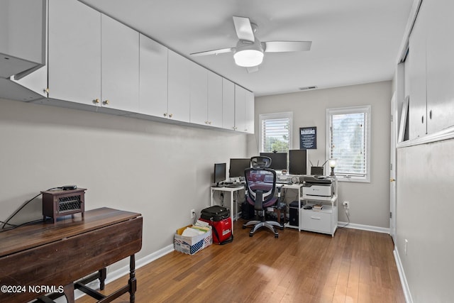 office area featuring wood-type flooring and ceiling fan