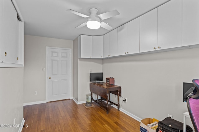 office area with ceiling fan and dark hardwood / wood-style flooring