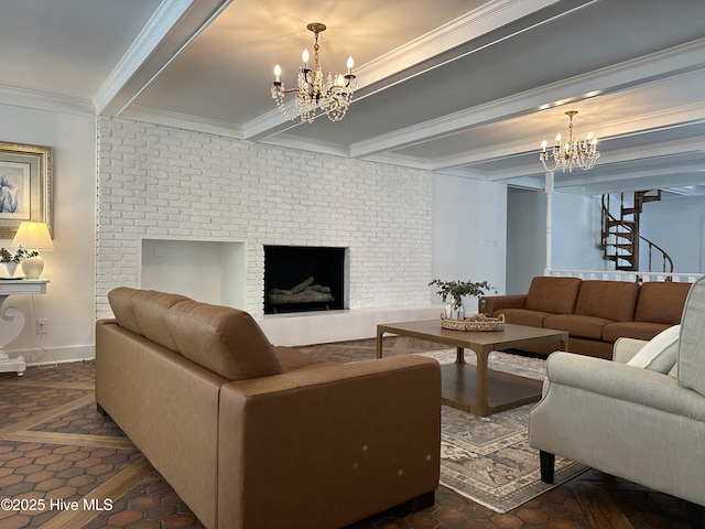living area featuring beamed ceiling, a chandelier, ornamental molding, and stairs