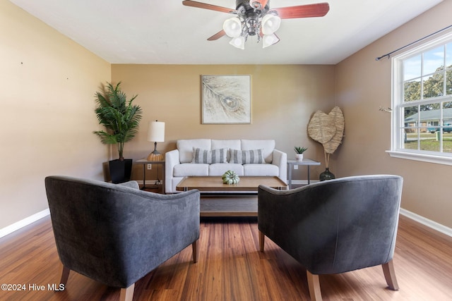 living room with ceiling fan and wood-type flooring