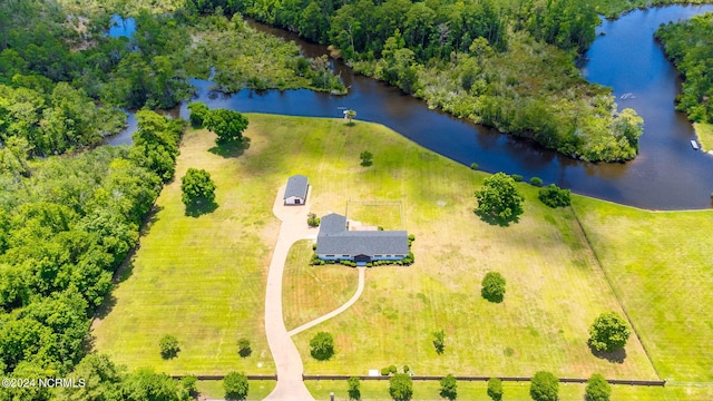 bird's eye view with a water view