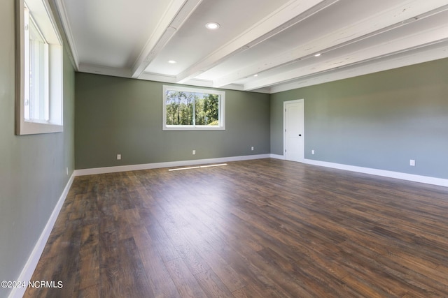 spare room featuring beamed ceiling and dark hardwood / wood-style floors