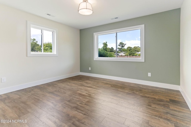 spare room featuring plenty of natural light and dark hardwood / wood-style floors