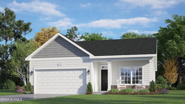 view of front facade with a front yard, covered porch, and a garage