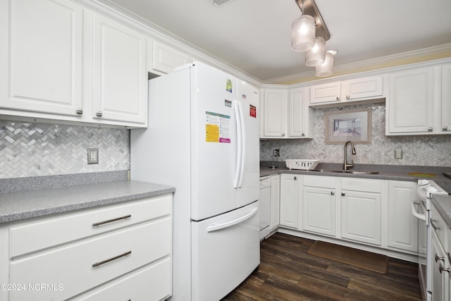 kitchen featuring ornamental molding, white appliances, dark wood-type flooring, sink, and white cabinets