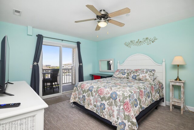 carpeted bedroom with ceiling fan and access to exterior