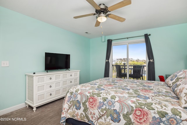 bedroom with ceiling fan and access to outside