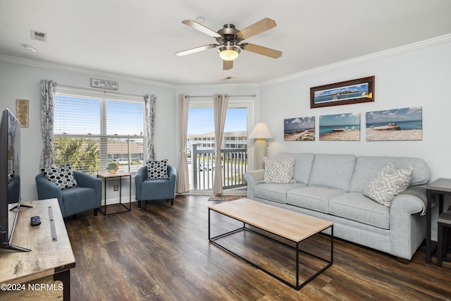 living room featuring ceiling fan, dark hardwood / wood-style flooring, and ornamental molding