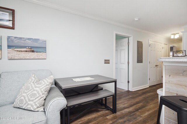 interior space featuring electric panel, crown molding, and dark wood-type flooring