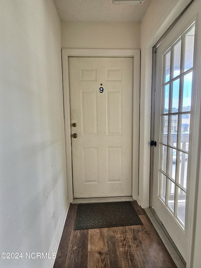 doorway with dark hardwood / wood-style flooring