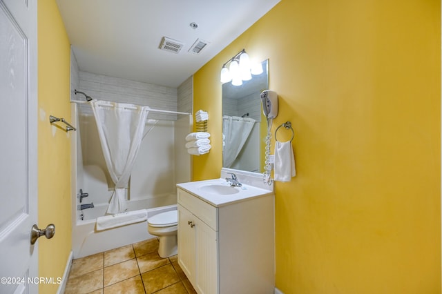 full bath with visible vents, toilet, shower / tub combo with curtain, tile patterned flooring, and vanity