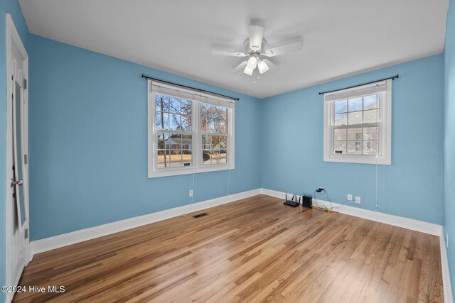 empty room with light wood-type flooring, a wealth of natural light, and ceiling fan