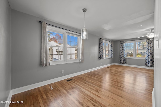 unfurnished dining area featuring ceiling fan, plenty of natural light, and wood-type flooring