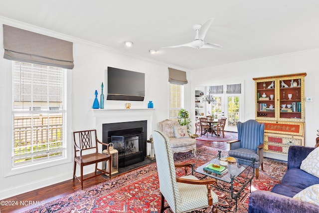 living room featuring ceiling fan, ornamental molding, and hardwood / wood-style floors