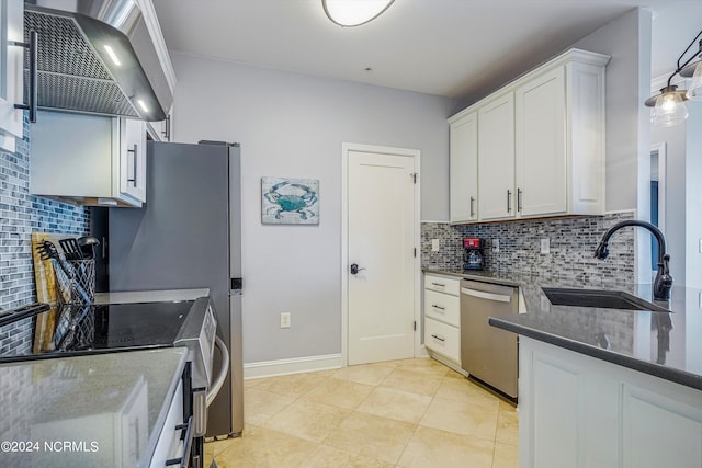 kitchen featuring white cabinetry, sink, stainless steel dishwasher, ventilation hood, and white range with electric cooktop