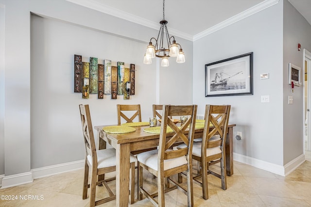 dining space with an inviting chandelier, crown molding, and light tile patterned flooring