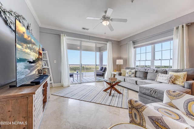 living room with ceiling fan and ornamental molding