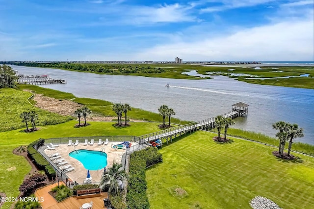 aerial view featuring a water view