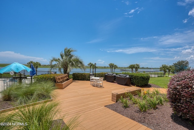 wooden terrace with a water view